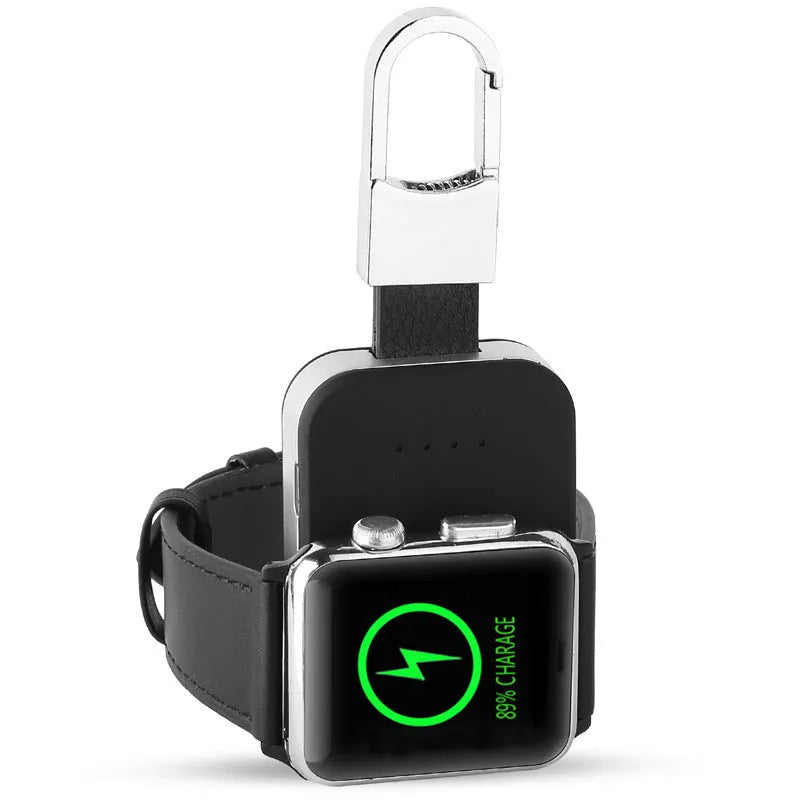 Black portable Apple Watch wireless charger and power bank with keychain loop