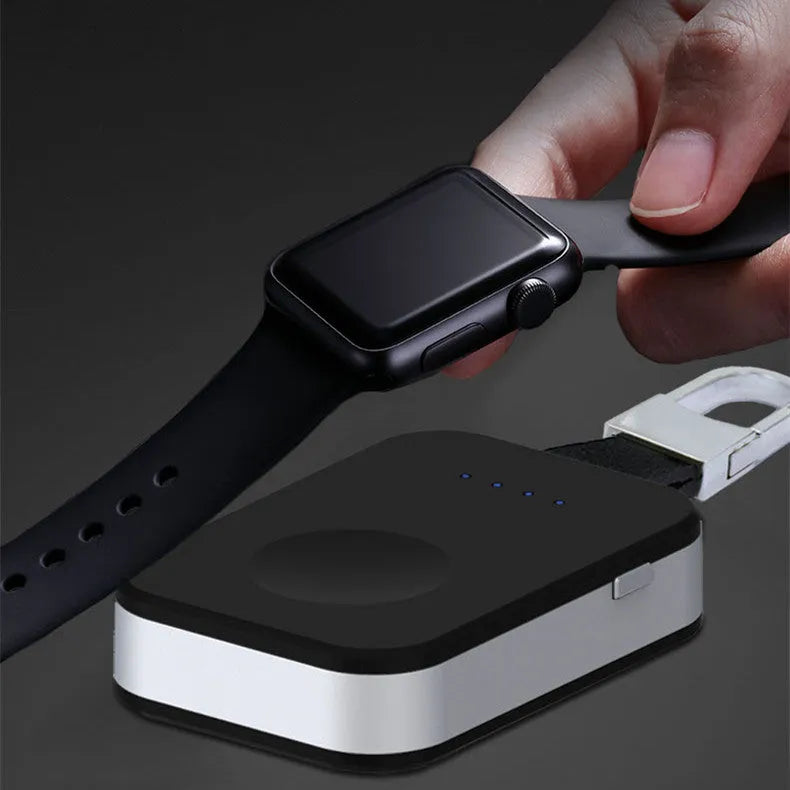 Black portable Apple Watch wireless charger and power bank with keychain loop