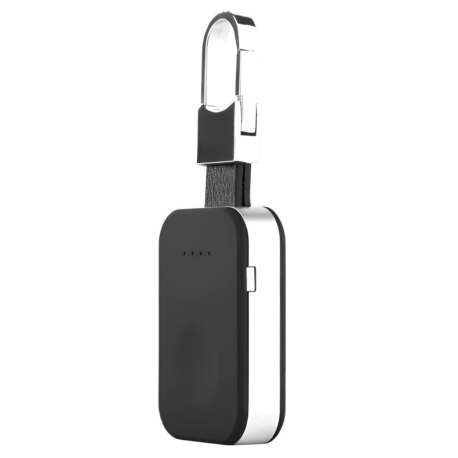 Black portable Apple Watch wireless charger and power bank with keychain loop