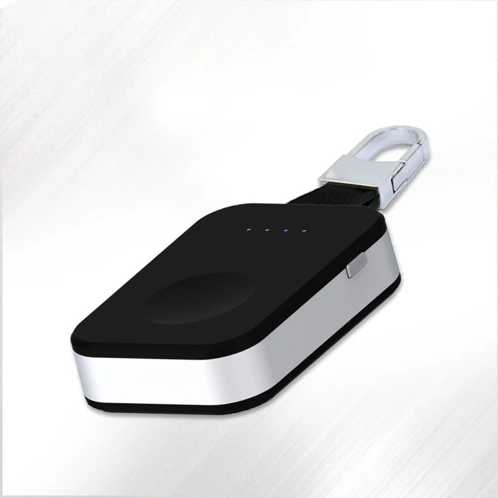Black portable Apple Watch wireless charger and power bank with keychain loop