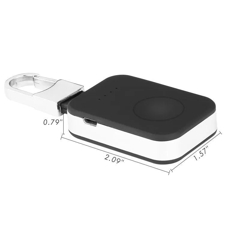 Black portable Apple Watch wireless charger and power bank with keychain loop