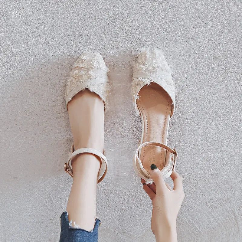 Women's apricot D'Orsay flats with ankle strap and 3cm low heel