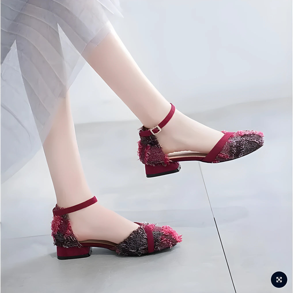 Women's apricot D'Orsay flats with ankle strap and 3cm low heel