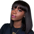Black full machine human hair wig with 10 inch length on adjustable headgear display