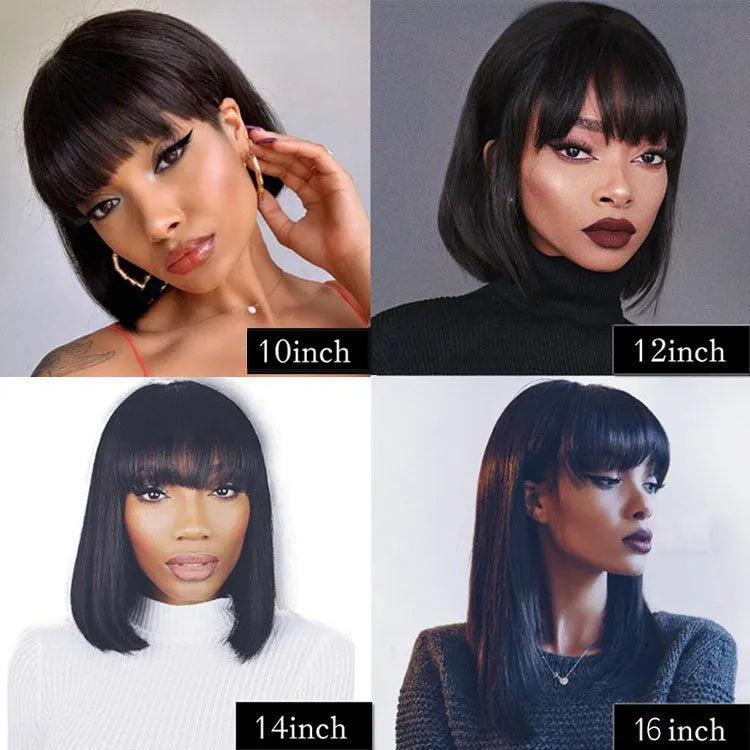 Black full machine human hair wig with 10 inch length on adjustable headgear display