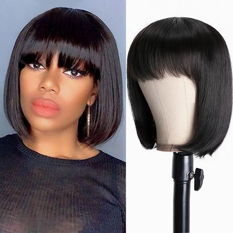 Black full machine human hair wig with 10 inch length on adjustable headgear display