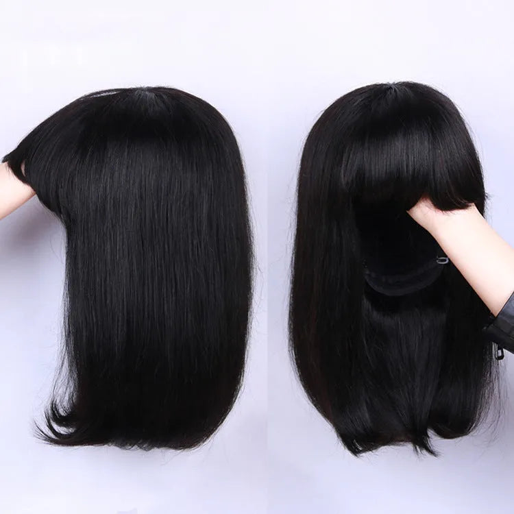 Black full machine human hair wig with 10 inch length on adjustable headgear display