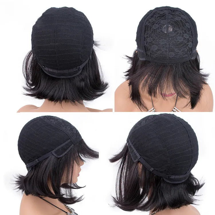Black full machine human hair wig with 10 inch length on adjustable headgear display