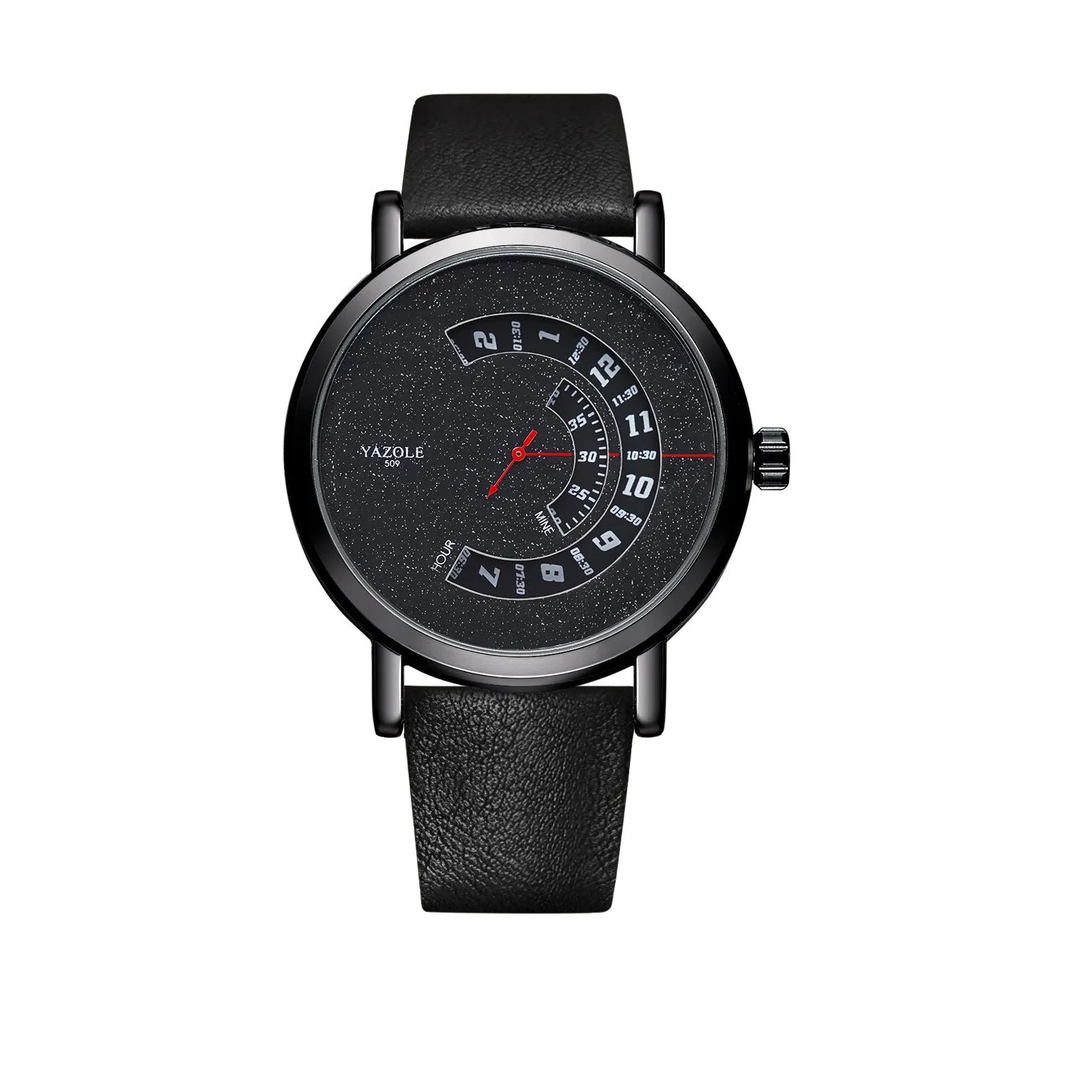 Men's silver metal case watch with black dial showing quartz movement and 30M waterproof rating