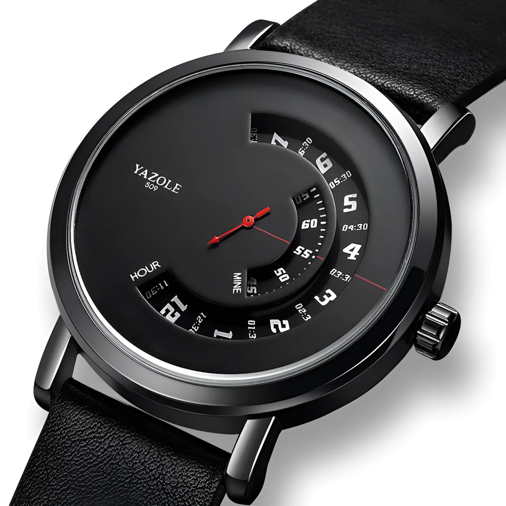 Men's silver metal case watch with black dial showing quartz movement and 30M waterproof rating