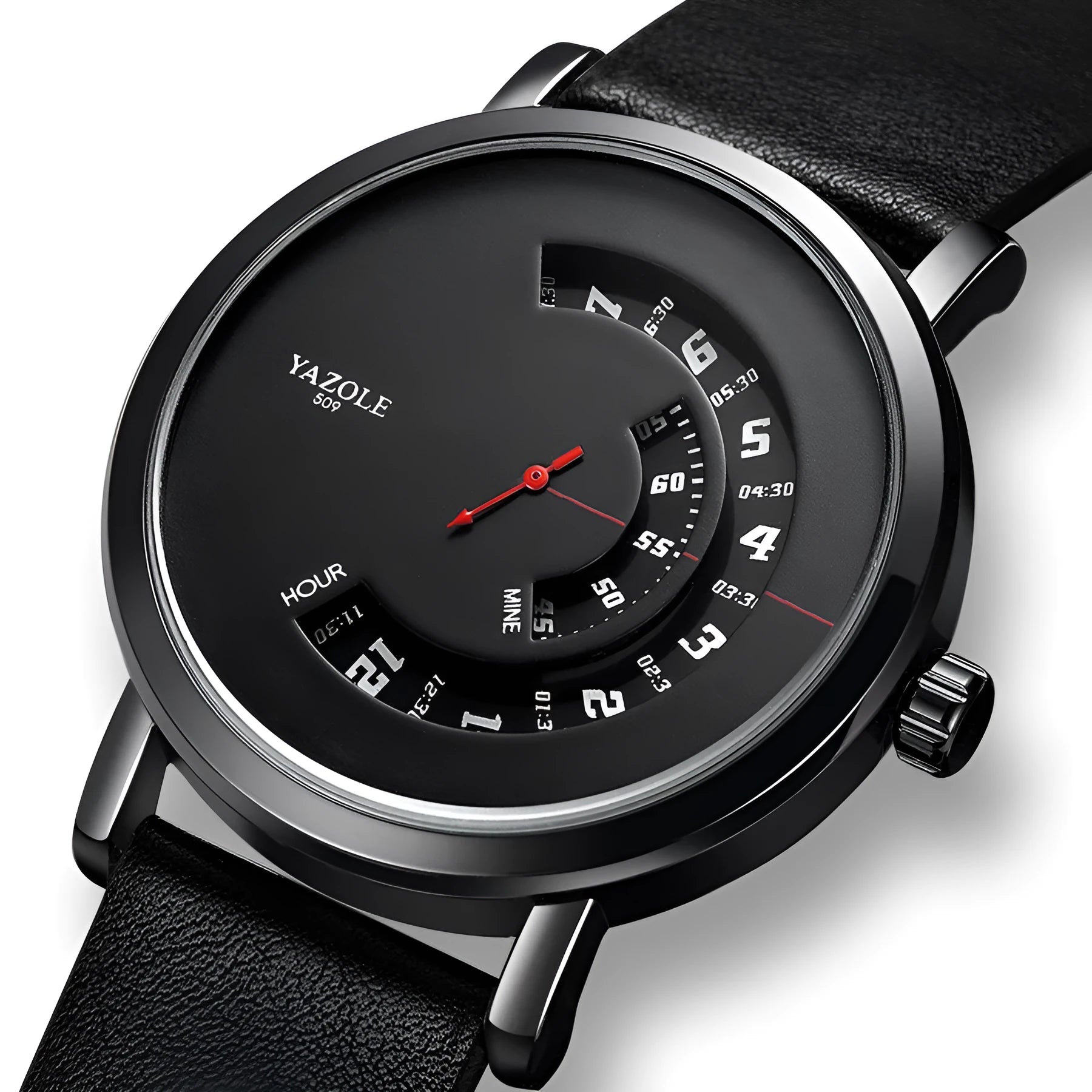 Men's silver metal case watch with black dial showing quartz movement and 30M waterproof rating