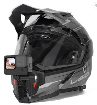 Black motorcycle helmet chin strap mount bracket for GoPro and action cameras with stainless steel clip