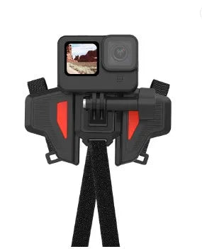 Black motorcycle helmet chin strap mount bracket for GoPro and action cameras with stainless steel clip