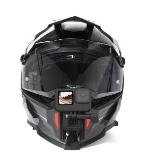 Black motorcycle helmet chin strap mount bracket for GoPro and action cameras with stainless steel clip