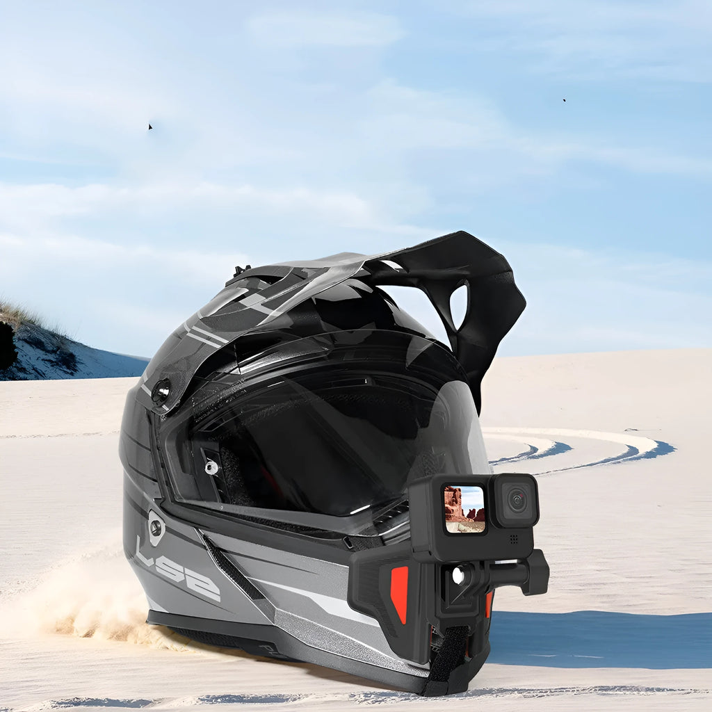 Black motorcycle helmet chin strap mount bracket for GoPro and action cameras with stainless steel clip