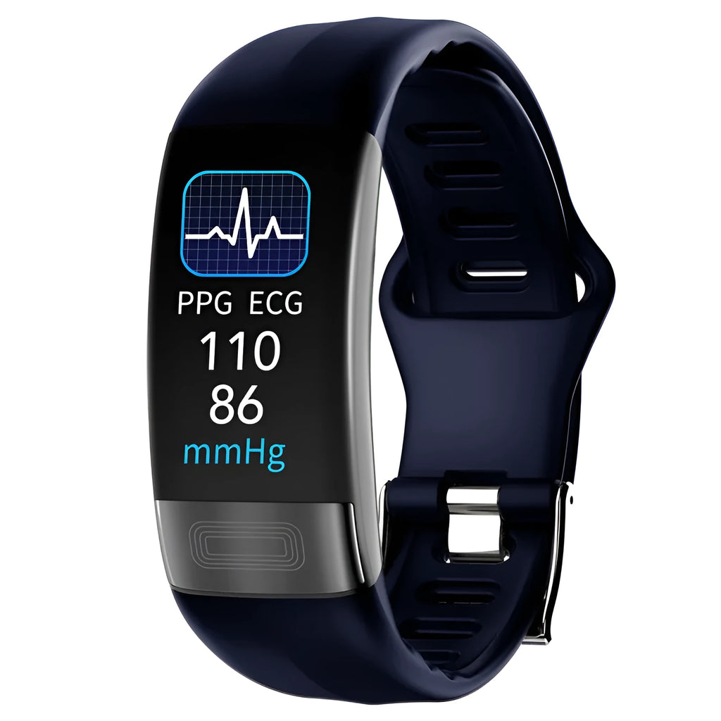 Smart bracelet with touch screen displaying health metrics including body temperature, heart rate, and ECG data