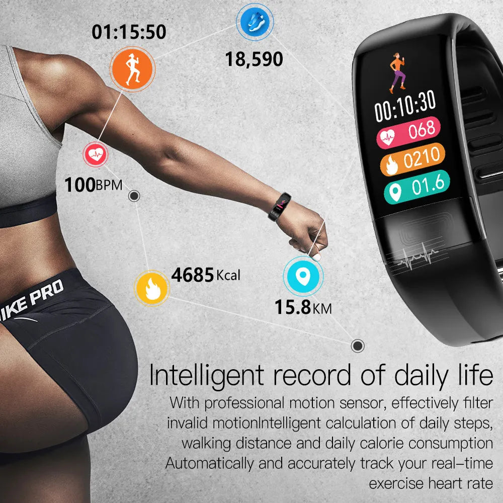 Smart bracelet with touch screen displaying health metrics including body temperature, heart rate, and ECG data