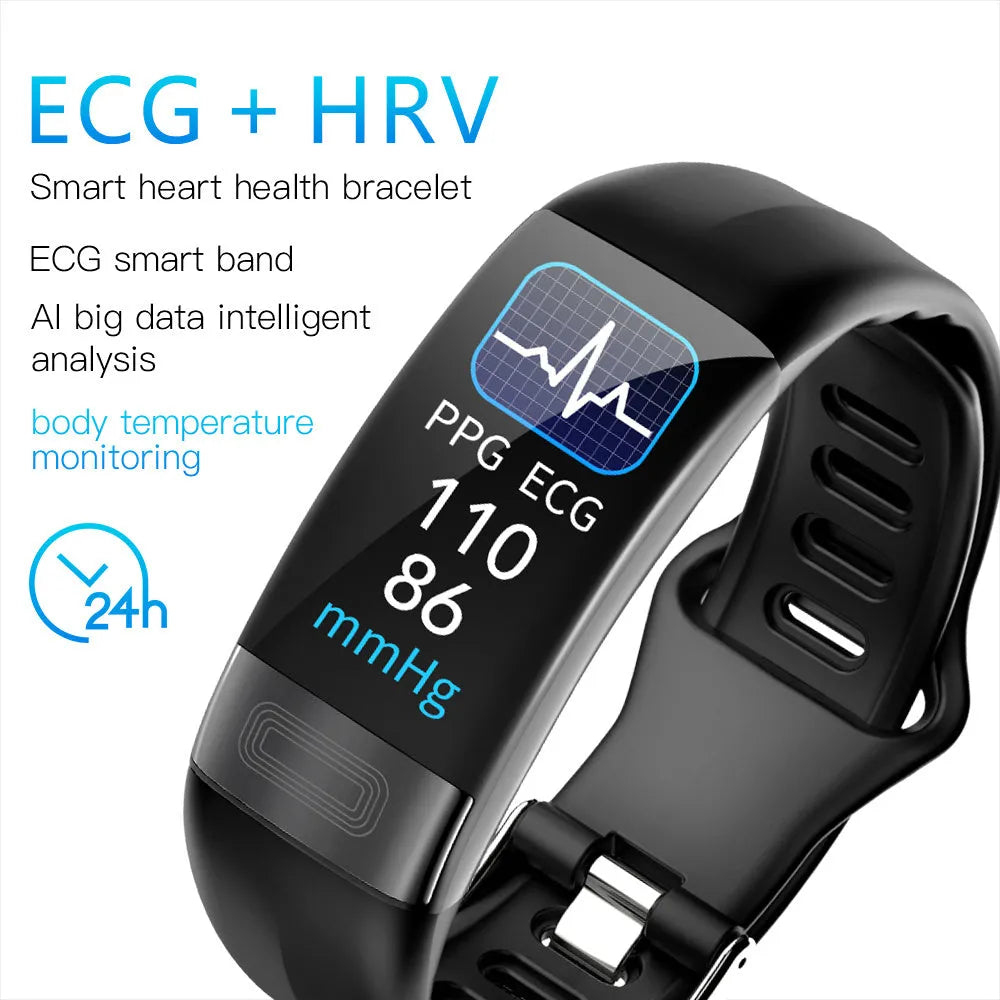 Smart bracelet with touch screen displaying health metrics including body temperature, heart rate, and ECG data