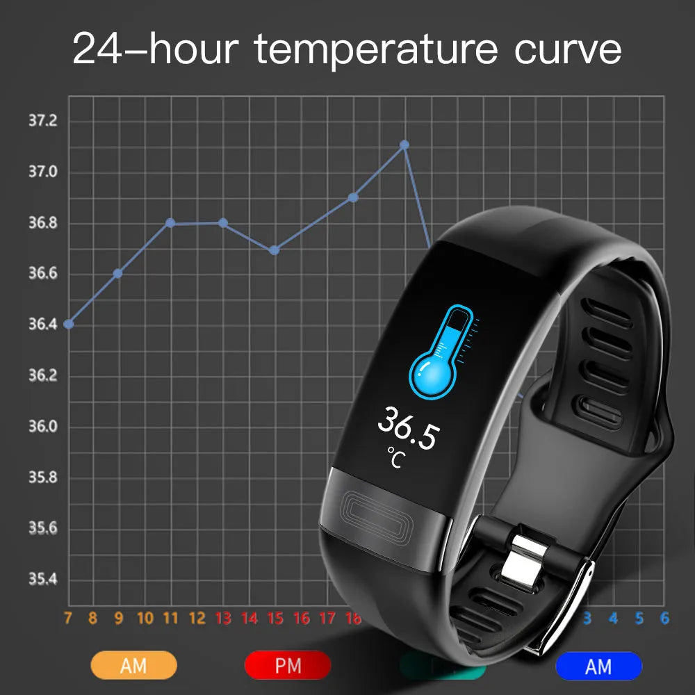 Smart bracelet with touch screen displaying health metrics including body temperature, heart rate, and ECG data