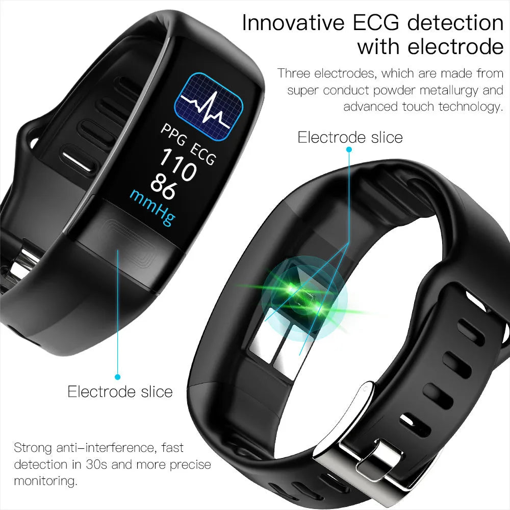 Smart bracelet with touch screen displaying health metrics including body temperature, heart rate, and ECG data