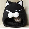 Black plush cat house bed with waterproof nylon base, removable washable cover, cube shape, 48cm and 38cm sizes