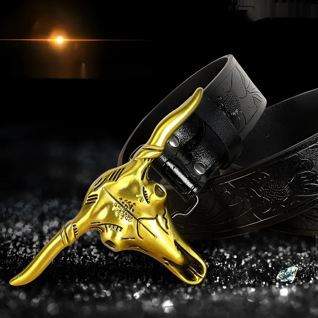 Men's black belt with detailed alloy cow head buckle showing carved and embossed design on imitation leather strap