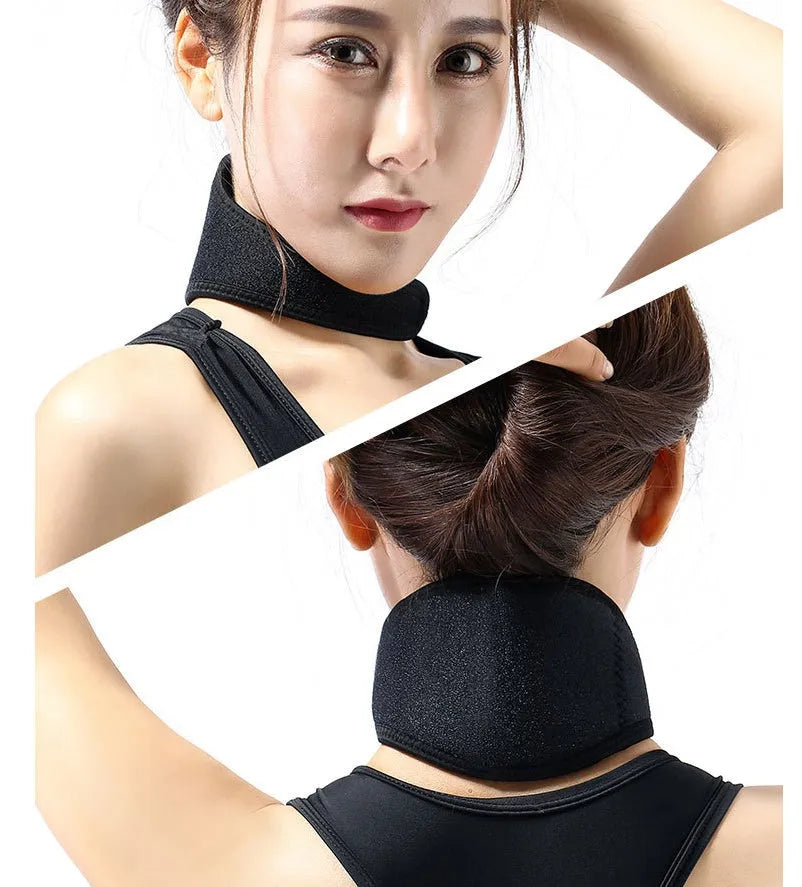 Black self-heating magnetic neck guard with adjustable shoulder strap on a mannequin neck.