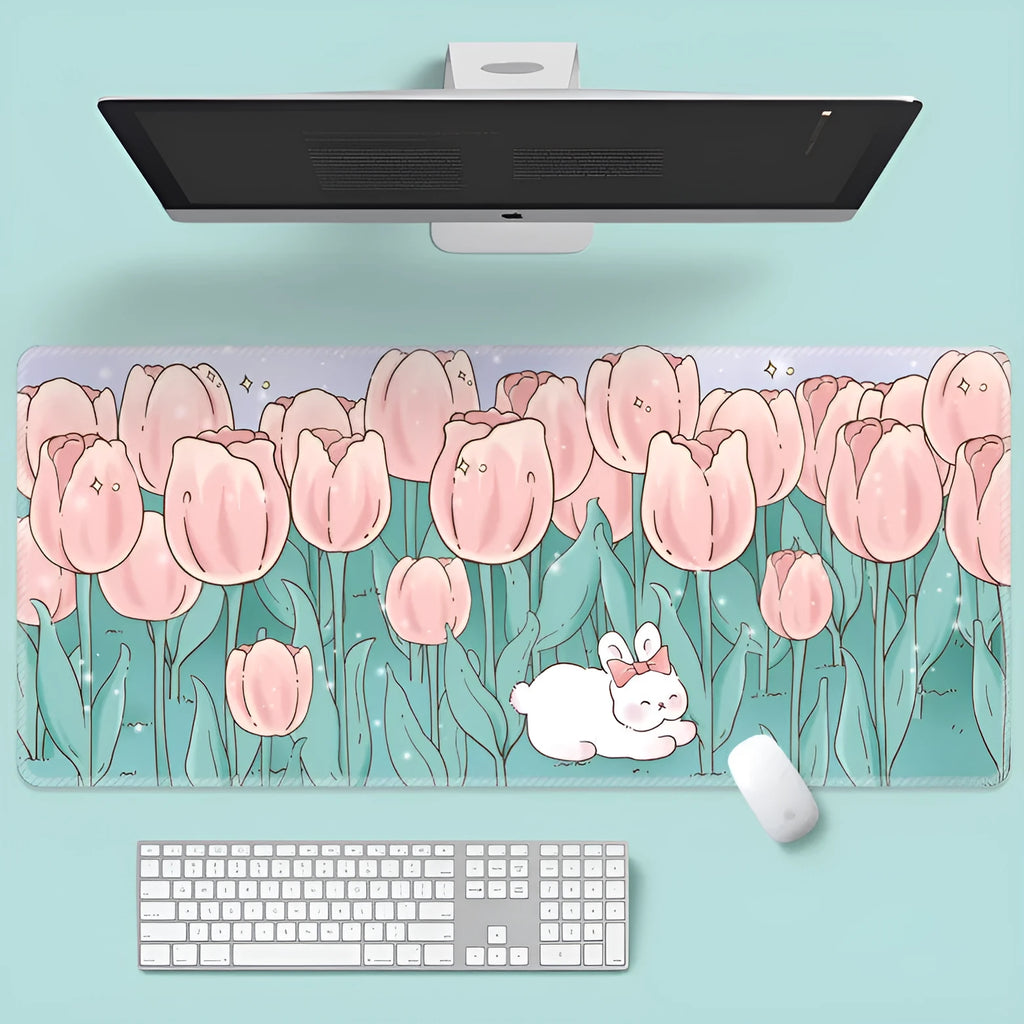 Large floral pattern mouse pad with extended keyboard area on wooden desk