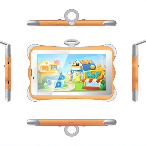 Cartoon-coloured 7-inch children's learning tablet with integrated stand shown in use.
