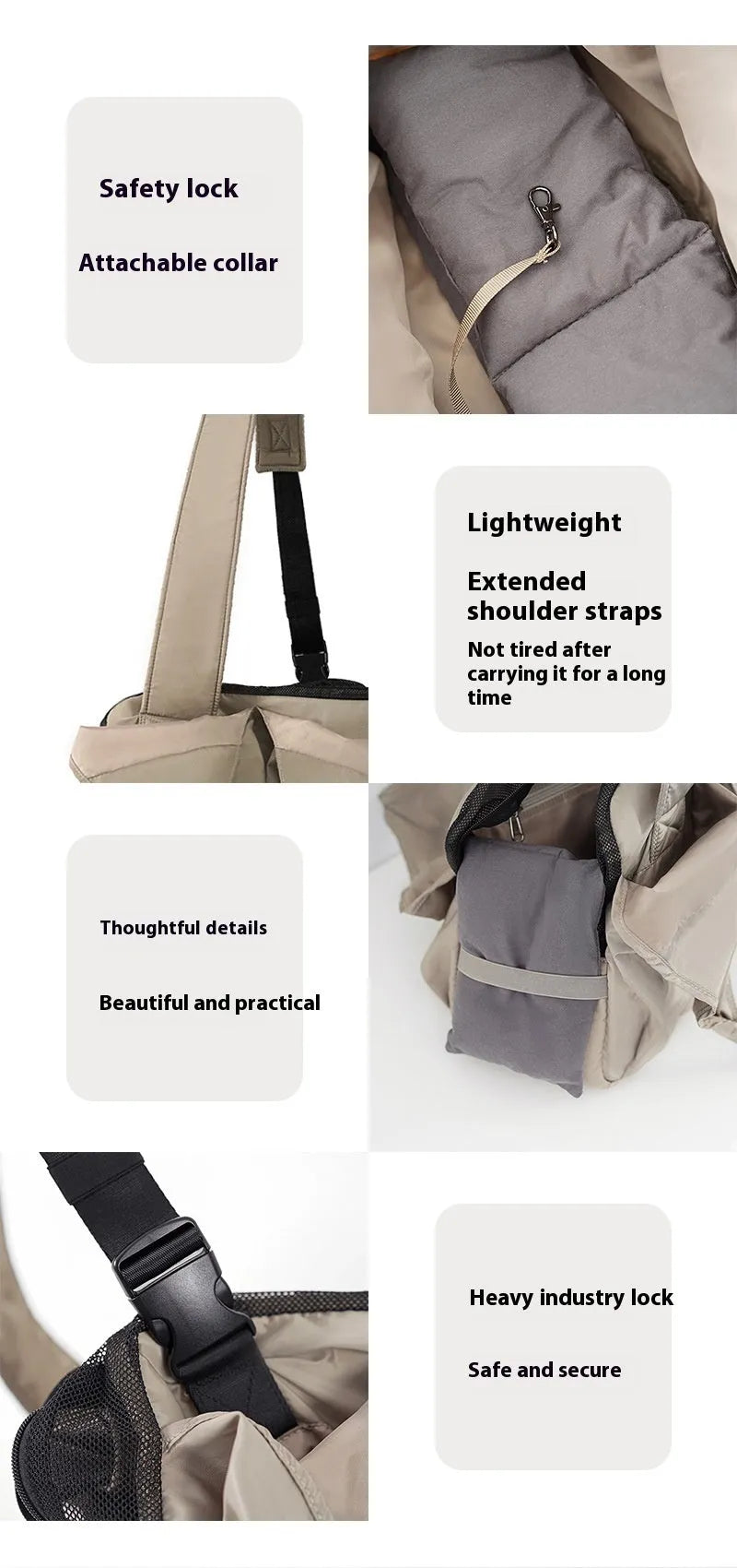 Apricot coloured cloth pet handbag with breathable mesh, shown with dimensions 41cm by 16cm by 28cm
