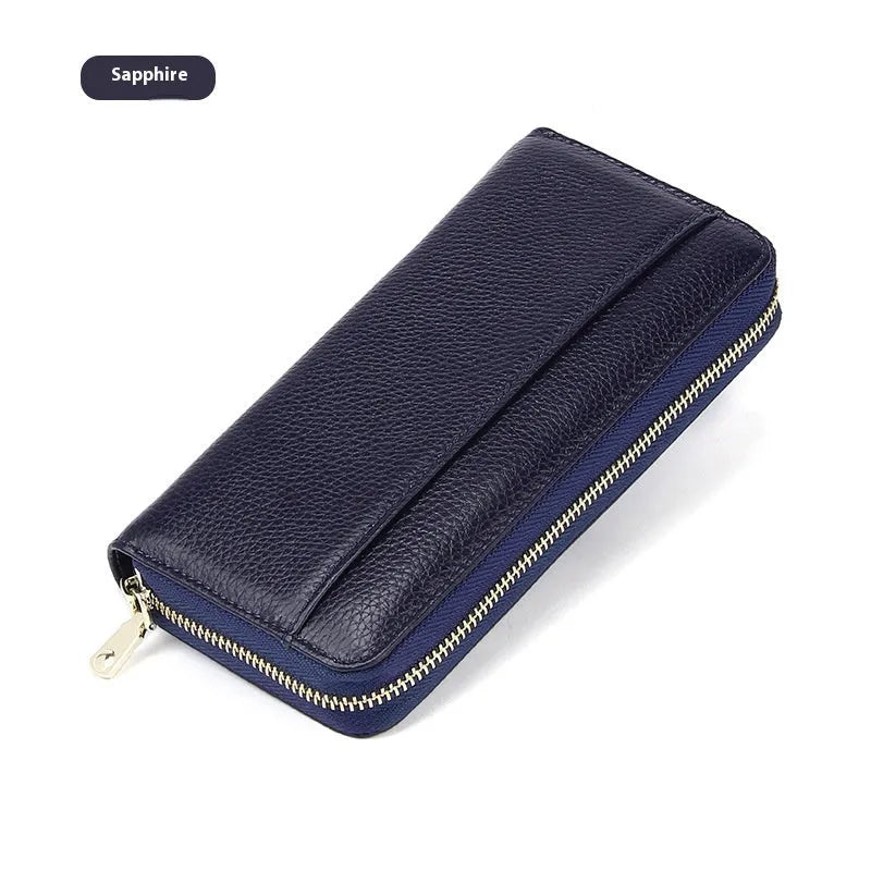 Long genuine leather women's wallet in six colours with large capacity and anti-theft card slot