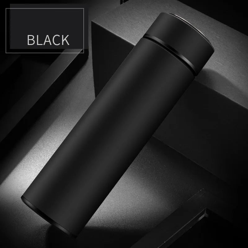 Black stainless steel vacuum water bottle with arrow-shaped mouth, 450ml capacity.