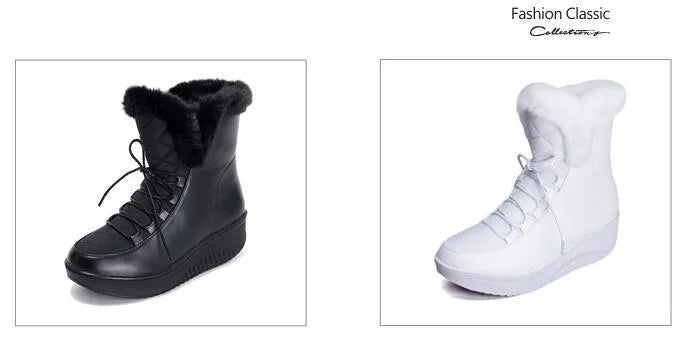 Women's black platform winter boots with lace-up closure and plush lining