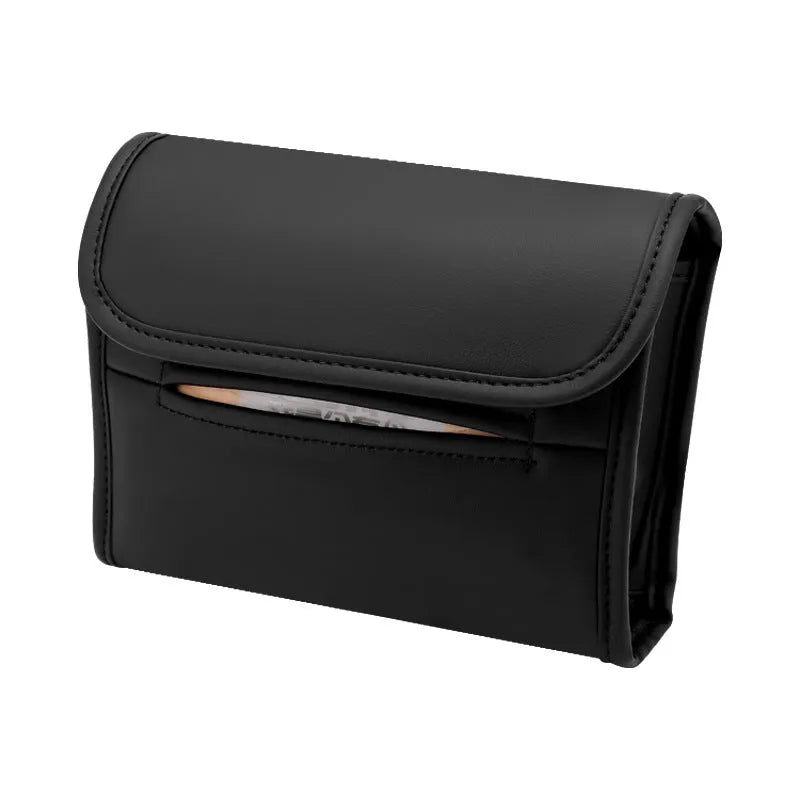 Leather car tissue holder box with elastic strap for mounting on seat back.