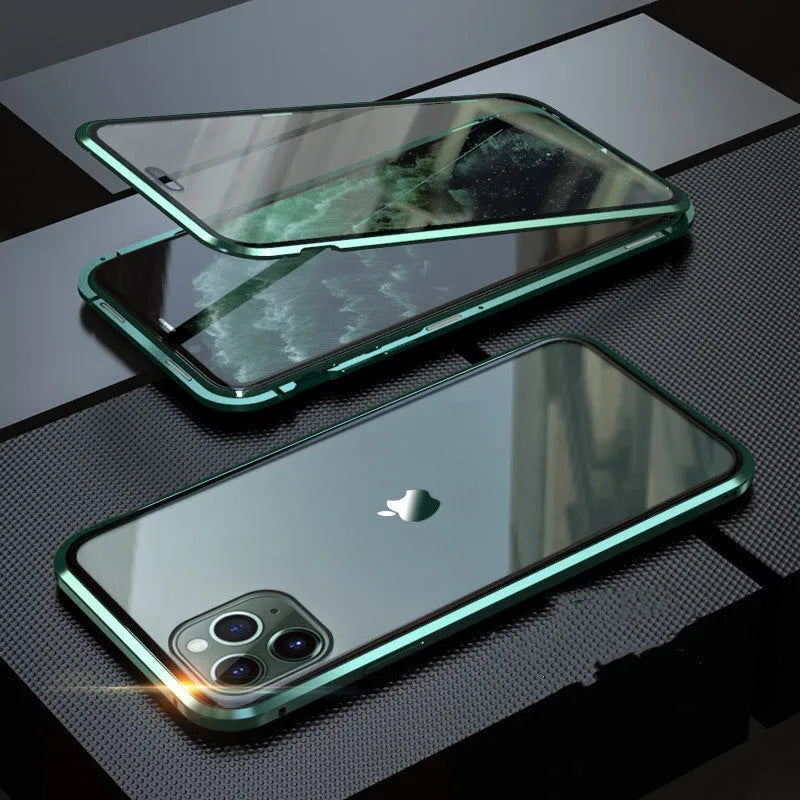 Black glass clamshell anti-spy phone case with a geometric pattern for iPhone.