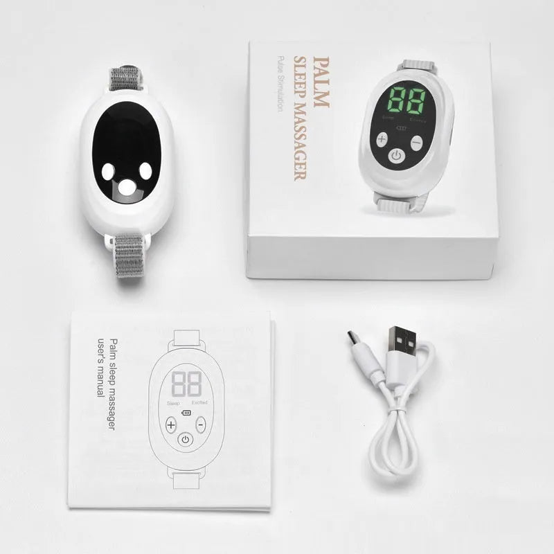 White sleep bracelet insomnia aid device with handheld remote control showing intensity adjustment buttons