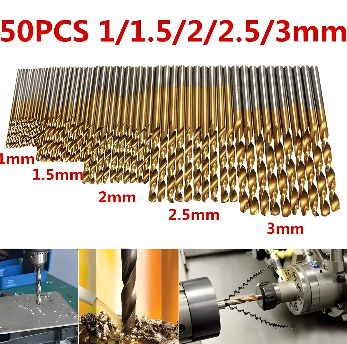 50-piece set of titanium coated high-speed steel twist drill bits arranged in a case