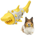 Blue, grey, and yellow dog teething toy with shark-tooth cleaning mimicry design