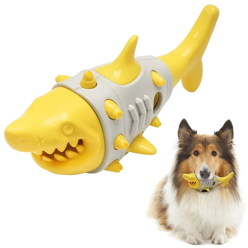 Blue, grey, and yellow dog teething toy with shark-tooth cleaning mimicry design