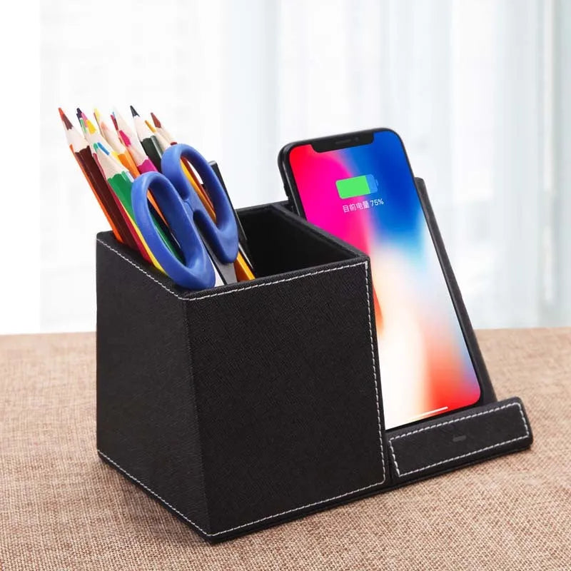 Leather wireless charging station with integrated pen holder compartment for desk organisation