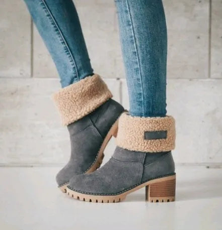 Women's mid-calf suede snow boots with a thick low heel in five colour options on a white background.