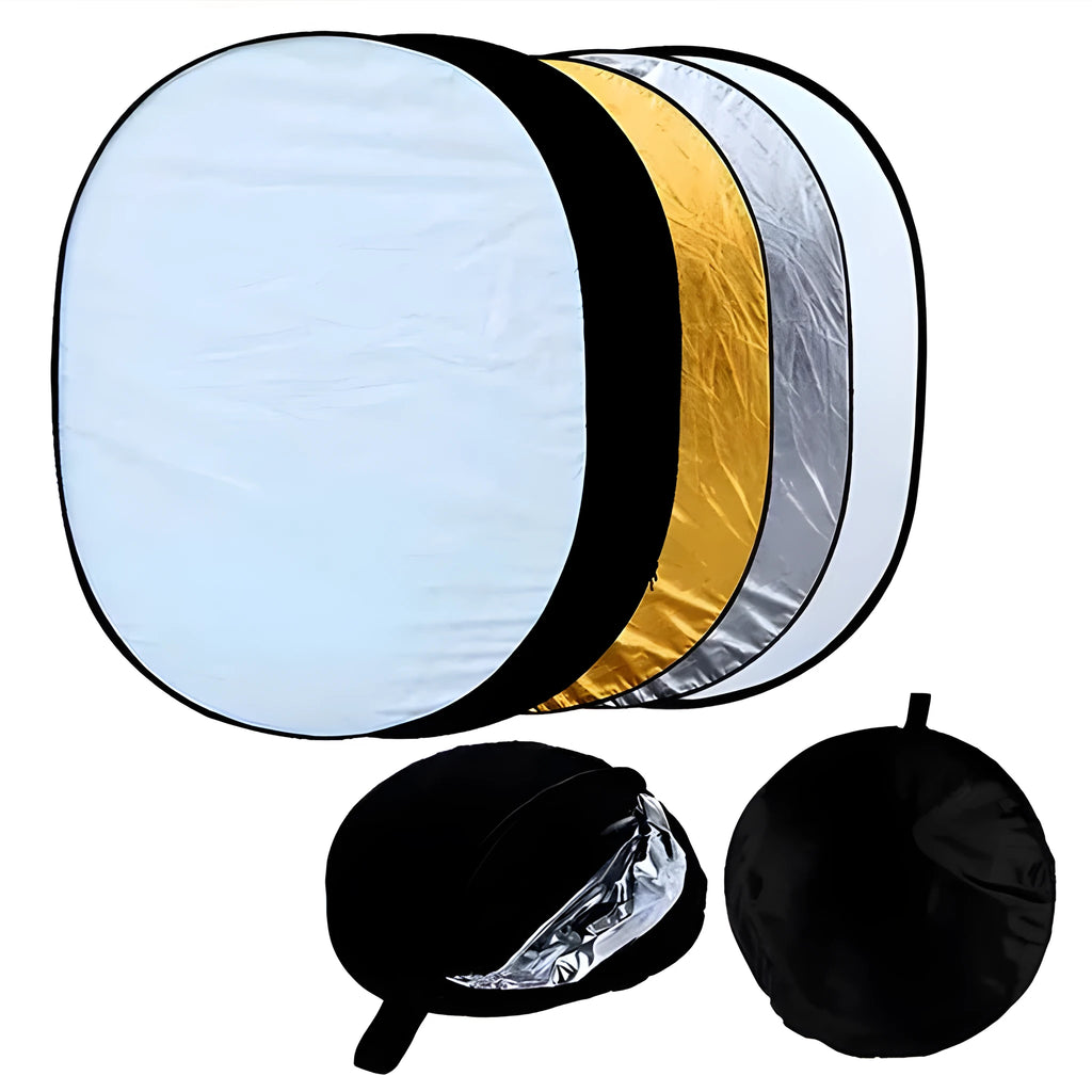 Collapsible five-in-one photography light reflector showing gold, silver, white, black, and translucent surfaces.
