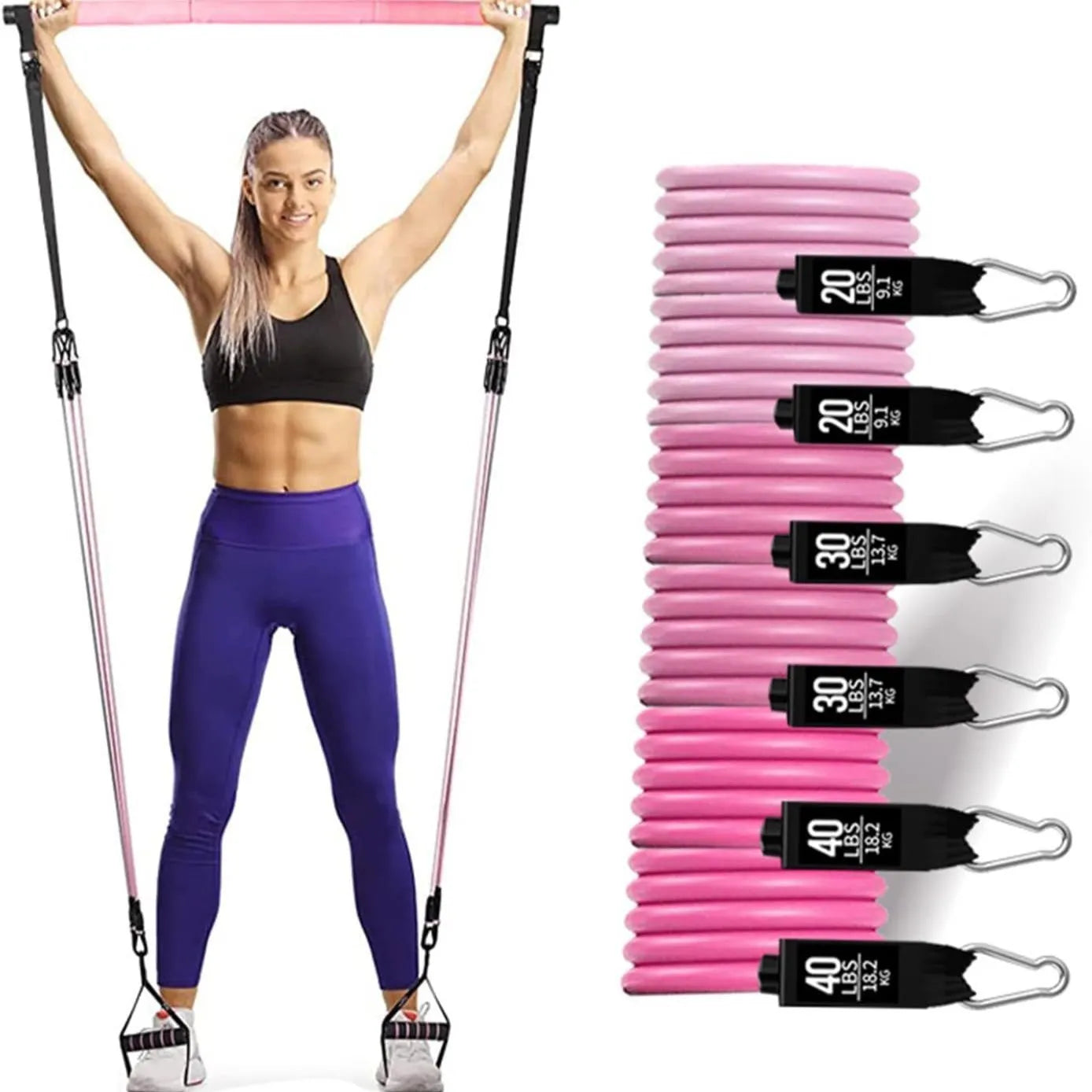 Yoga gymnastic bar with 180lb TPE resistance bands in black and pink colours for home fitness