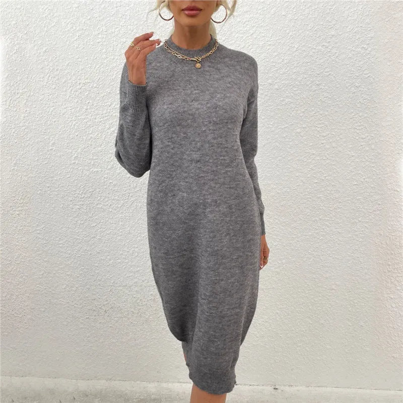 Grey crew neck sweater dress with long sleeves on hanger