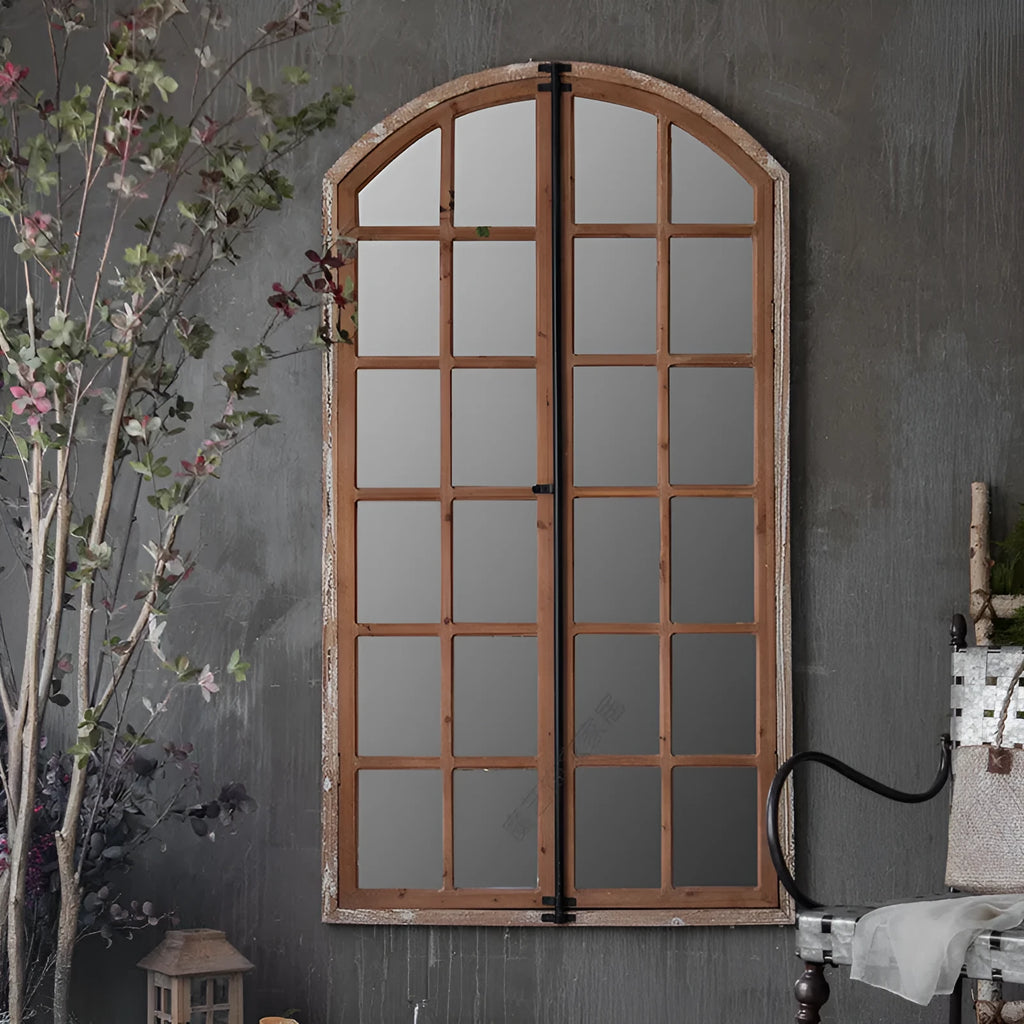 Terrace distressed fake window wall mirror with wooden glass construction and log colour finish
