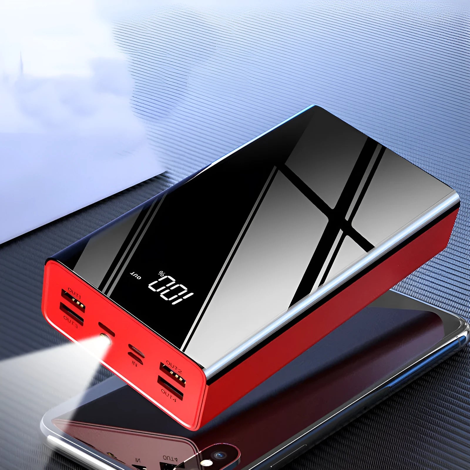 40000 mAh power bank with LCD display in red or black plastic shell