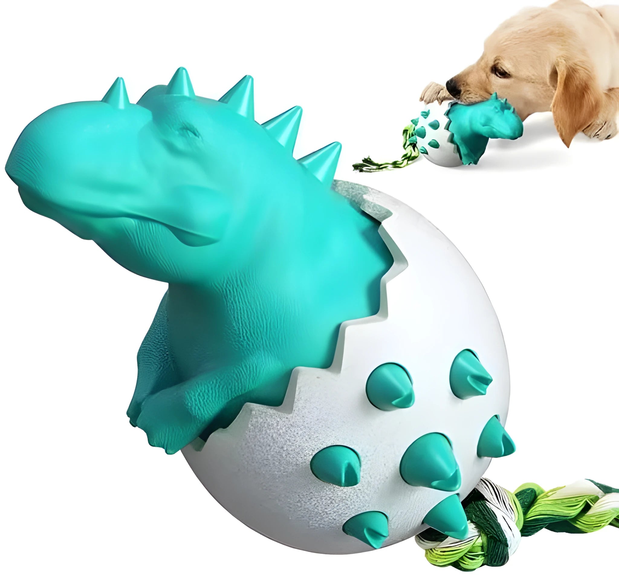 Blue durable rubber dog chew toy with rope and dinosaur design for aggressive chewers