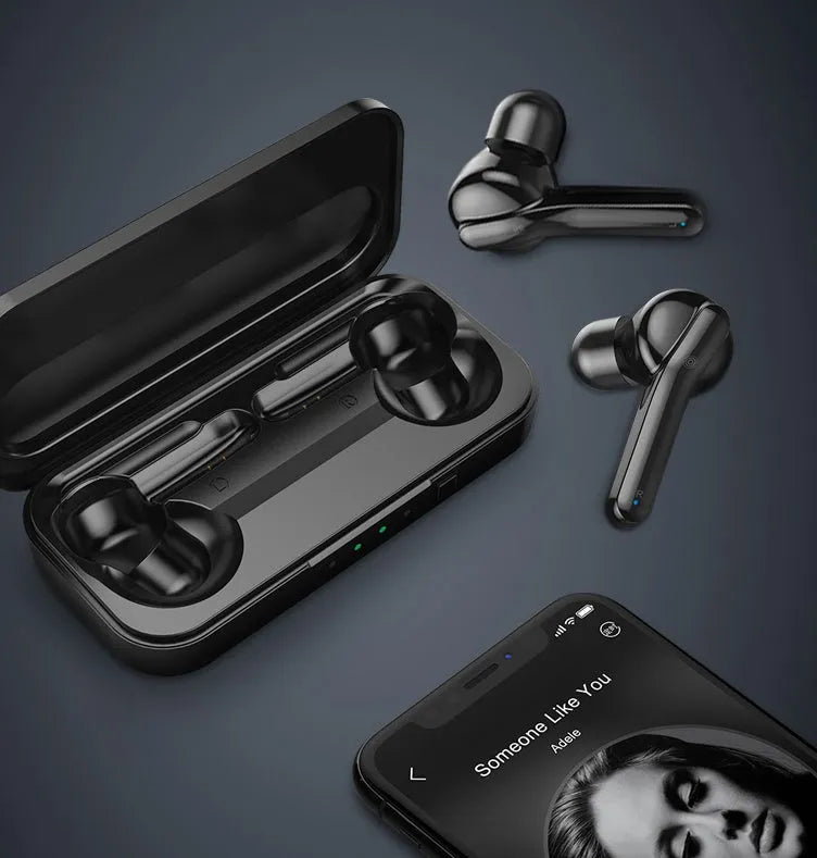Black and white true wireless stereo earbuds with Bluetooth 5.0 and IPX5 waterproof rating.