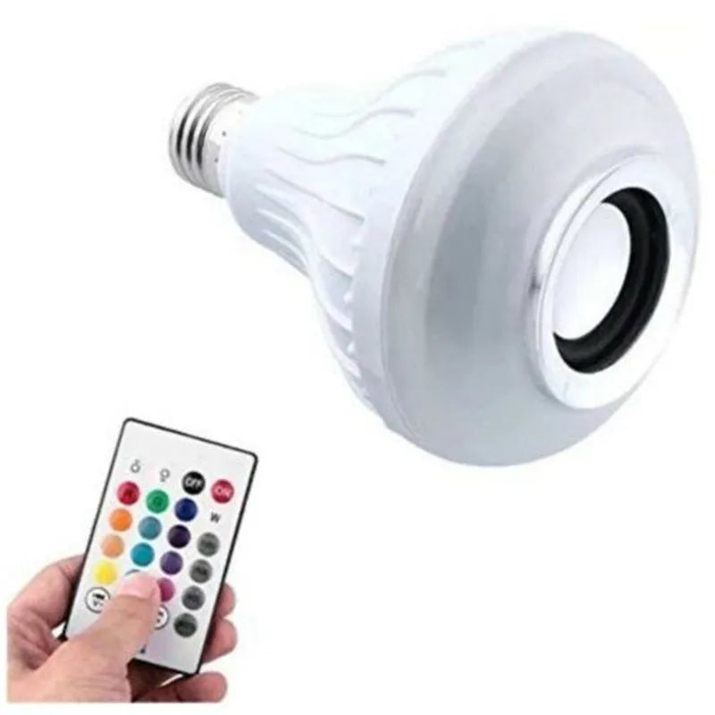 White E27 Bluetooth speaker light bulb with remote control showing 16 colour RGB lighting options