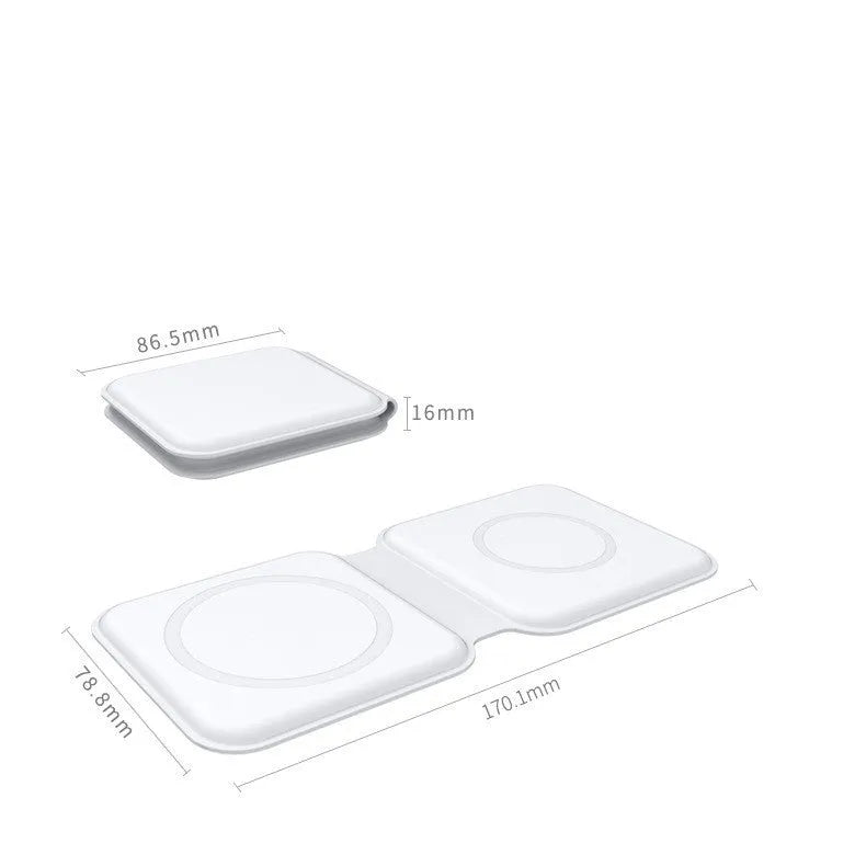 White folding magnetic wireless charger showing angled stand position with phone charging